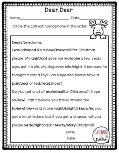 a christmas letter to santa with the words dear deer on it and reindeer in black and white