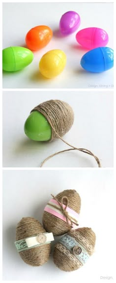 three different pictures of colored eggs and twine