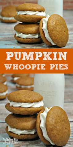 pumpkin whoopie pies stacked on top of each other with the words pumpkin whoopie pies