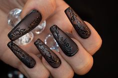 Sheer black medium length coffin press on nails with hand painted leaf detail.  All of our press-on nails are made with Gel-X nails, gel polish and/or acrylic unless otherwise stated. .  *Colors are able to be customized on any of our nail sets.*  Each set of nails is meticulously hand painted and my heart gets put into each set I make. I strive to create a gorgeous set of nails that you will love! When applied correctly our nails are able to last 2-3 weeks. They can also be reused when removed Black Sheer Nail Designs, Black Masquerade Nails, Black And Silver Formal Nails, Sheer Black Nails Design, Black Sheer Nails, Clear Black Nails, Transparent Black Nails, Black Wedding Nails For Bride, Black Bridal Nails