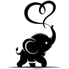 an elephant with a heart shaped balloon in its trunk, black and white silhouette on a white background