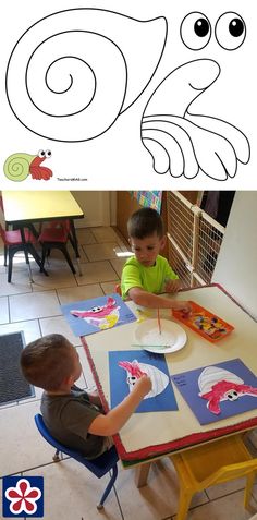 two children sitting at a table with paper plates on it, and the words cut out in