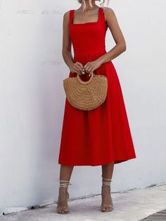 Details:    25% OFF All Site Promo Now. Plus   Extra10% OFF   1st Order. Free Shipping $70. Free Exchange & Easy Returns.    The   slinky ruched back midi      dress       features wide tie-up straps,Stretchy ruched detailing on back for elastic waist fitting, flare dress for thick thighs, scrunch waist and wide straps.    Flowy midi      dress       is classic for trips, clubs, parties, cocktails, dances and dates.   Material: 30% Tussah Silk & 70% Polyester Color: White/Black/Red Size Details: Size S:  Bust 92 cm, Waist 70-82 cm, Length 116 cm; Size M: Bust 96 cm, Waist 74-86 cm, Length 117 cm; Size L:  Bust 100 cm, Waist 78-90 cm, Length 118 cm; Size XL:  Bust 104 cm, Waist 82-94 cm, Length 119 cm; Design: Ruched Bust, Elastic Fitting, Wide Straps, Ruched, Scrunched Back, Smocked, Midi Fae Dress, White Bodycon, Red Dresses, Backless Maxi Dresses, Midi Dress Sleeveless, Glamorous Evening Gowns, Flowing Maxi Dress, Look Chic, Knee Length Dress