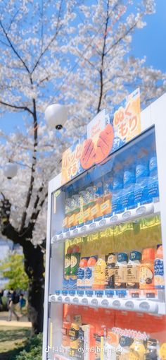 a vending machine with drinks on display in front of a blossoming cherry tree