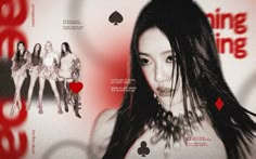 a woman with long black hair standing in front of a playing card background and red hearts