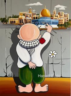 a painting of a man holding a flower in front of a building with a dome on it