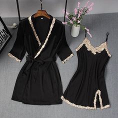 Elegant Night Sets, Elegant Fitted Sets For Night, Elegant Fitted Night Sets, Fitted Black V-neck Sets, Black Fitted V-neck Sets, Black Long Sleeve Summer Sleepwear, Black Satin Loungewear Sets, Black Fitted Satin Set, Fitted Black Satin Set