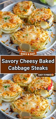 savory cheesy baked cabbage steaks on a white plate with text overlay