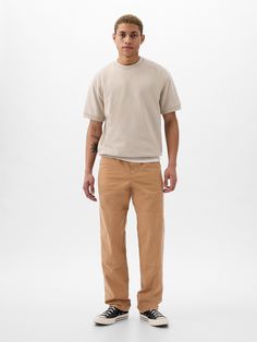 Smooth cotton woven carpenter pants.  Button closure, zip fly.  Front slant pockets.  Patch pocket and carpenter loop at side.  Back patch pockets.  Relaxed through the hip and thigh.  Classic straight leg.