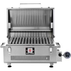 an outdoor grill with thermometer on it's side and its lid open