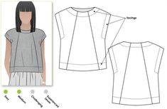 the front and back view of a woman's top with pleaed sleeves, as well as an image of her measurements