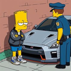 the simpsons character is talking to a police officer next to a sports car in front of a brick wall