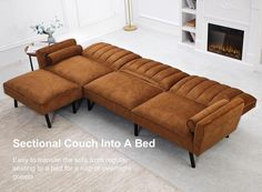 a sectional couch in front of a fireplace with the words sectional couch into a bed