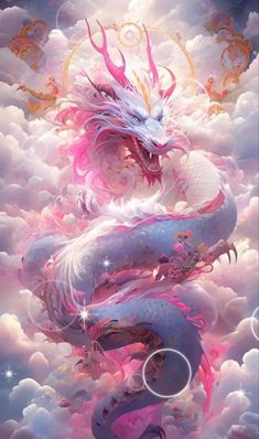 a painting of two dragon in the clouds