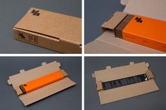 four different views of the inside of a box with an orange piece of paper sticking out of it