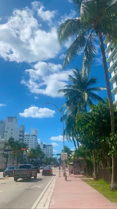 cars are driving down the street in front of tall buildings and palm trees on a sunny day