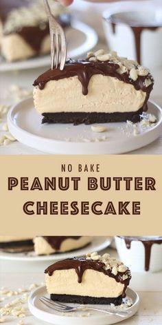 no bake peanut butter cheesecake on a white plate with a fork in it