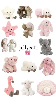 many different types of stuffed animals are shown in this image with the words jellyoats above them