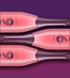 two pink bottles sitting next to each other on top of a purple surface with wavy lines