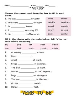 the verb to be worksheet is shown in yellow and black with words on it