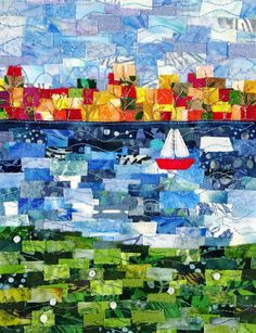 an abstract painting with many different colors and shapes on it, including boats in the water