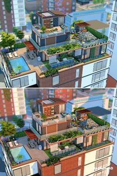 two views of an apartment building with plants growing on the roof and above it is a pool