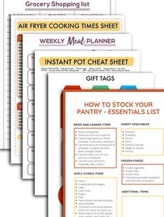 five cooking sheets with instructions for how to stock your pantry and what to use them