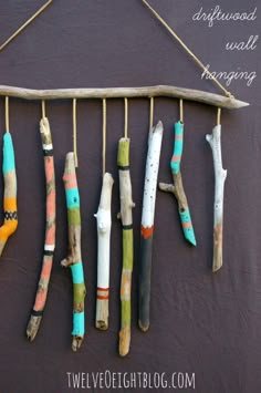 some driftwood sticks are hanging on the wall and have been painted with different colors