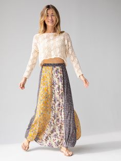 Valentina Maxi Skirt - Yellow Cream Floral Mix-view 1 Long Flowy Skirt Outfit, Modern Boho Clothing, Long Boho Skirt, Modular Wardrobe, Travel Clothing, Material Things, Mixed Prints, Summer Sweater, Effortless Outfit