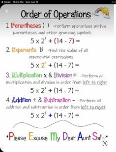 the order of operations is written on a whiteboard with multicolored letters and numbers