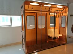 the inside of a train car that is made to look like it has doors and windows