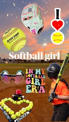 a girl in an orange shirt holding a baseball bat and some softballs on a field