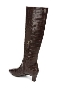 A slender square toe and demi block heel balance a rich leather boot shaped in a knee-high silhouette for timeless appeal. 2" heel (size 6) 15 3/4" shaft; 14" calf circumference. Regular calf 15 3/4" shaft; 16" calf circumference. Wide calf Side zip closure Leather upper/synthetic lining/rubber sole Imported Crocodile Boots, Black Knee High Boots, Croc Print, Black Knees, Wide Calf, Leather Boot, Brown Leather Boots, Franco Sarto, Kitten Heel