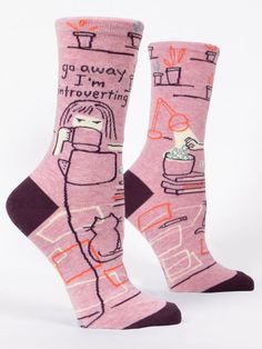 "Go away I'm introverting" crew socks Blue Q Women's shoe size 5-10 63% combed cotton; 35% nylon; 2% spandex. Blue Q Socks, Knitting Notions, Blue Q, Women Crew Socks, Fabric Yarn, Funny Socks, Sock Patterns, Cotton Socks, Ankle Socks