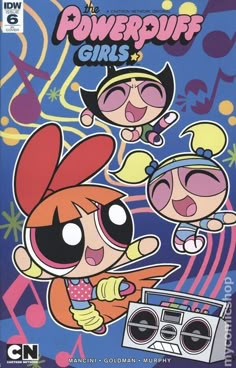 the powerpuff girls comic book cover with cartoon character characters and music notes on it