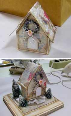 two pictures of a small house made out of paper and some decorations on top of it