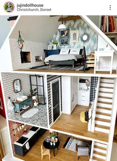 a doll house with stairs and furniture in it