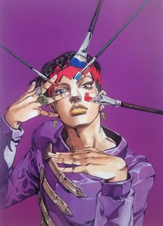 a painting of a woman with scissors on her head and nails stuck to her face