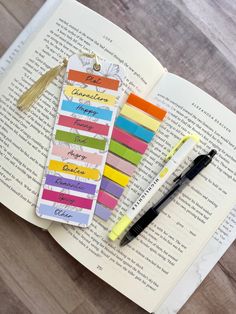 the bookmarks have been placed on top of an open book and are decorated with colorful strips of paper