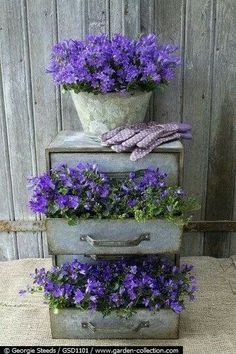 purple flowers are sitting on top of an old metal box and some cloth is laying next to it