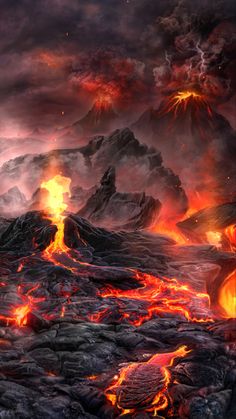 an animated volcano scene with lava and fire