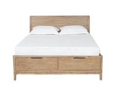 a bed with two drawers underneath it and white sheets on the bottom half of the bed