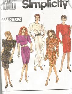 four women's dresses and one woman's dress are shown in this sewing pattern