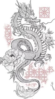 a dragon tattoo design with flowers on it