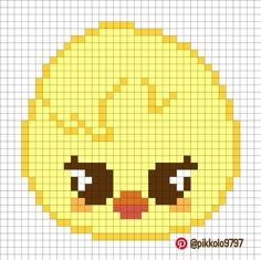 a pixellated image of a yellow bird with big eyes and brown beaks on it's face