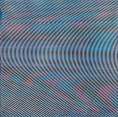 an abstract painting with lines in blue and pink