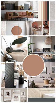 a collage of photos with different furniture and decor items in shades of brown, pink, beige and white