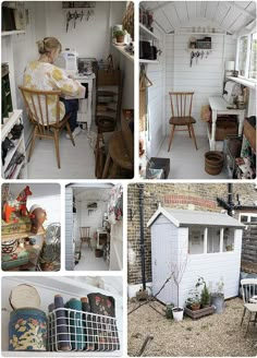 there are many pictures of the inside of a small house that is white and has various things in it