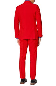 This red-hot suit features a slim, two-button jacket, crisply creased flat-front trousers and a matching tie to create a formal look that's perfect for a handsome devil like you. Jacket has a two-button closure, notch lapels; nonfunctional four-button cuffs; chest pocket; front flap pockets; side vents. Trousers have a zip fly with button-tab closure; front slant pockets; back welt pockets. Fully lined. 100% polyester. Dry clean or machine wash cold, dry flat. By OppoSuits; imported. The Rail. Red Slim Fit Suits For Formal Occasions, Red Slim Fit Formal Suits, Red Fitted Formal Suits, Red Notch Lapel Suit With Single Button, Red Slim Fit Suits With Notch Lapel, Red Fitted Double Breasted Suit With Notch Lapel, Red Single Button Notch Lapel Suit, Fitted Red Double Breasted Suit With Notch Lapel, Red Fitted Double-breasted Suit With Notch Lapel