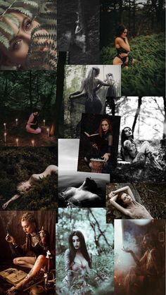 a collage of different pictures with women in the woods and trees, one woman is naked